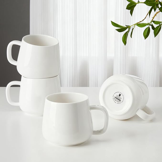 Teocera Coffee Mugs Set of 4-12oz Chip-Resistant Ceramic Cups with Ergonomic Handle | Dishwasher & Microwave Safe White Mugs | Keeps Beverage Hot, Perfect for Family Kitchen & Holiday Gifts