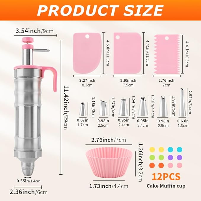Dessert Decorating Syring-e Set,Frosting Piping Kit,Stainless Steels Cake Decora ting Kit with 6 Pipings Tips & 12 silicone cupcakes,Cupcake Decorating Kit Piping Bags and Tips Set