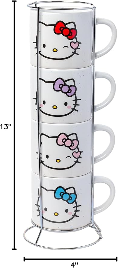 Silver Buffalo Sanrio Hello Kitty Faces and Hearts 4pc Ceramic Mug Stack Set, 10 Ounces