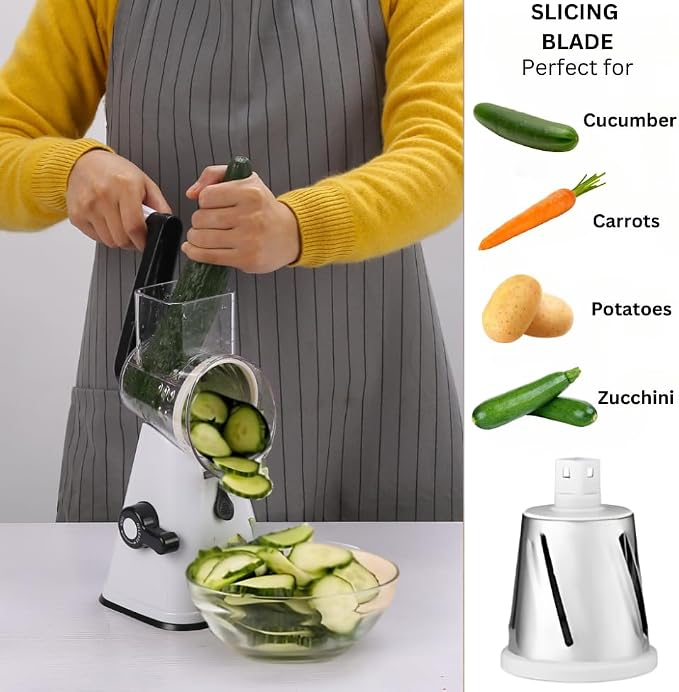 Rotary Cheese Grater - Multipurpose Kitchen Mandoline Slicer with 3 Stainless Steel Blades, Secure Suction Base, Easy to Clean, Ideal for Cheese, Vegetables, Nuts