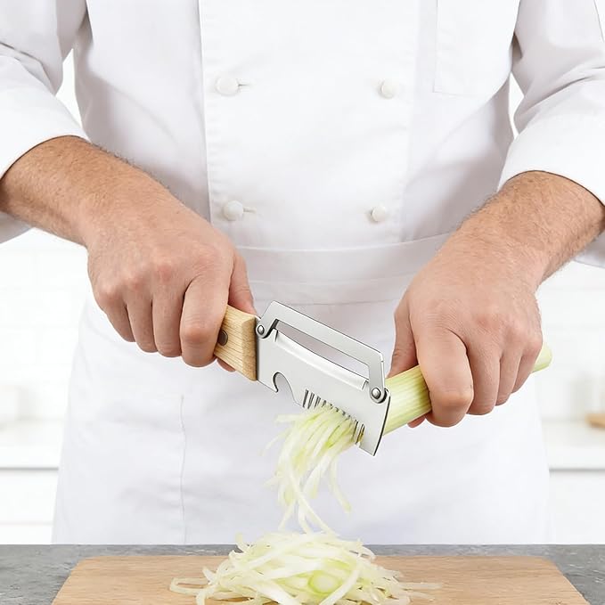 Kitchen Multi-Function Stainless Steel Thickened Fruit Peeler Knife Multifunctional Julienne Cutter + Solid Wood Peeler
