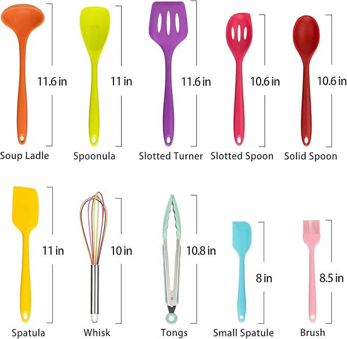 KAY RUK Kitchen Silicone Utensil Set,10Pcs Cooking Utensils Set,Food Grade Safety Silicone Utensils,480℉Heat Resistant Kitchen Tools,Seamless Easy to Clean, Non Stick Utensils(Multicolor)