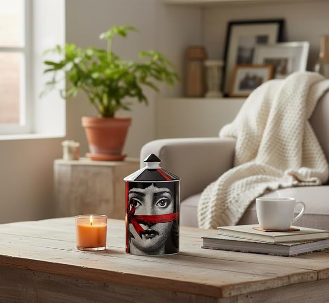 Handcrafted Italian Candle Holder Modern Art Vase with Female Face Design, Elegant Aromatherapy Jar for Tabletop Decor, Ceramic Material (Red Lace)