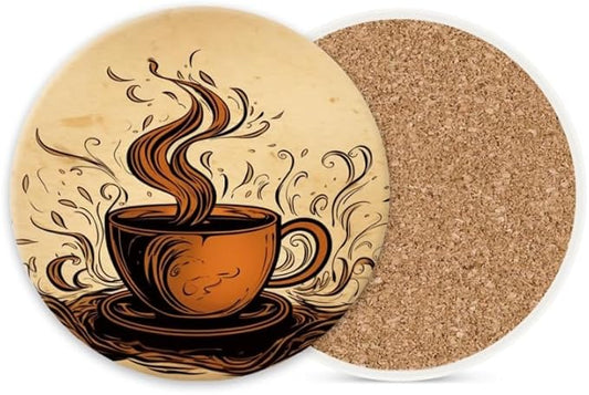 Ceramic Stone Coasters for Drinks Cup, Steaming Coffee Cup on Old Paper Background Absorbent Anti Slip Cup Coasters for Kitchen Living Room Office Decor Housewarming Gift Set of 1 (4 * 4 Inch)
