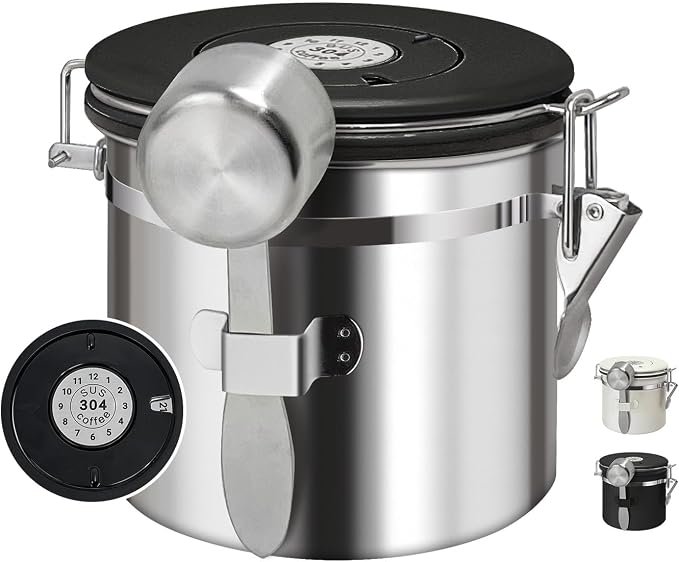 1.2L Airtight Vacuum Coffee Canister, Stainless Steel Storage Container for Coffee Beans and Grounds with Scoop.Suitable for coffee powder, coffee beans, rice, tea leaves, sugar, flour, and grains