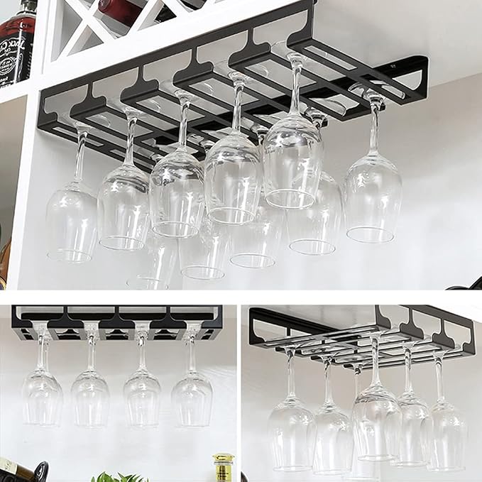 Under Cabinet Stemware, Hanging Wine Glass Holder with Screws, Glasses Storage Hanger Iron Organizer for Home Kitchen Bar