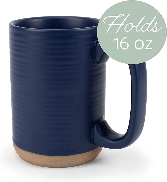 Elanze Designs Tall Ribbed Raw Clay Bottom Navy Blue 16 ounce Ceramic Coffee Mugs Set of 4