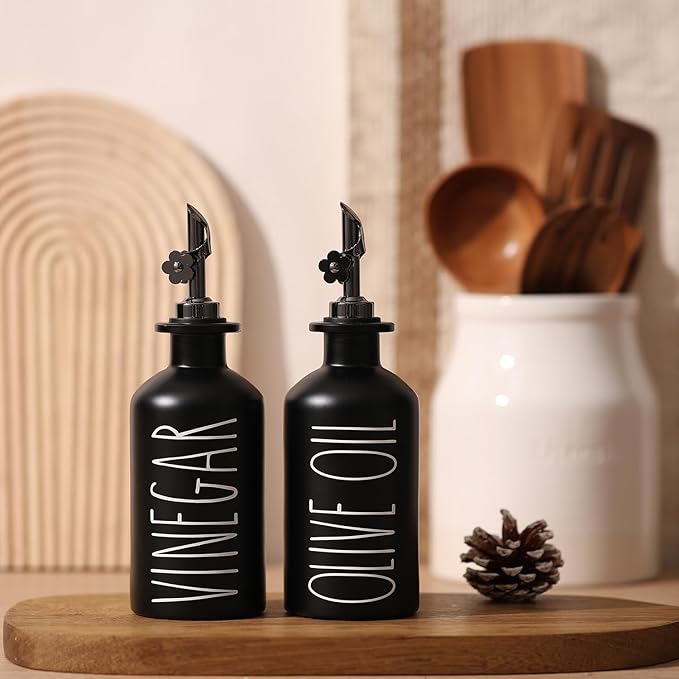 HOMCDALY Premium Olive Oil Dispenser for Kitchen, 11.8oz Glass Oil Bottles with Bamboo Tray, Black Oil&Vinegar Cruet Set, Kitchen Dispenser Bottles with Pourer | Set of 2 (11.8oz –P–Black)