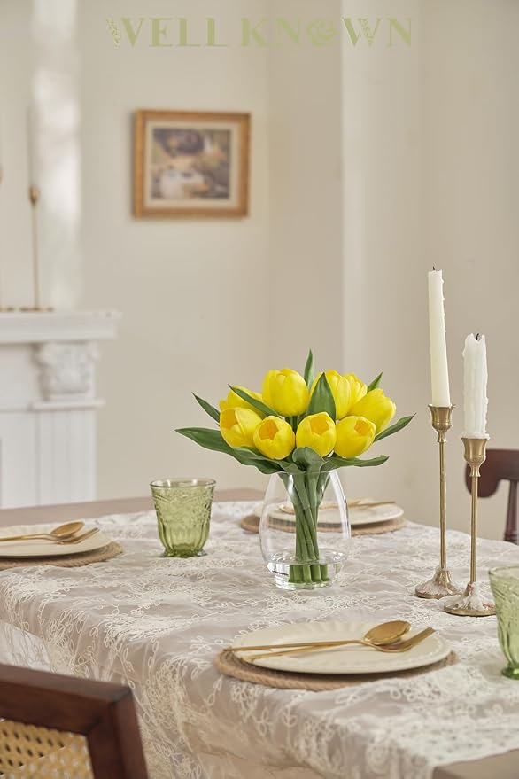 WELL KNOWN 12 Pcs Fake PU Tulips Artificial Flowers in Vase with Faux Water, Spring Summer Yellow Flower Arrangement with Glass Vase for Home Wedding Party Decor Dining Table Centerpiece & Gift