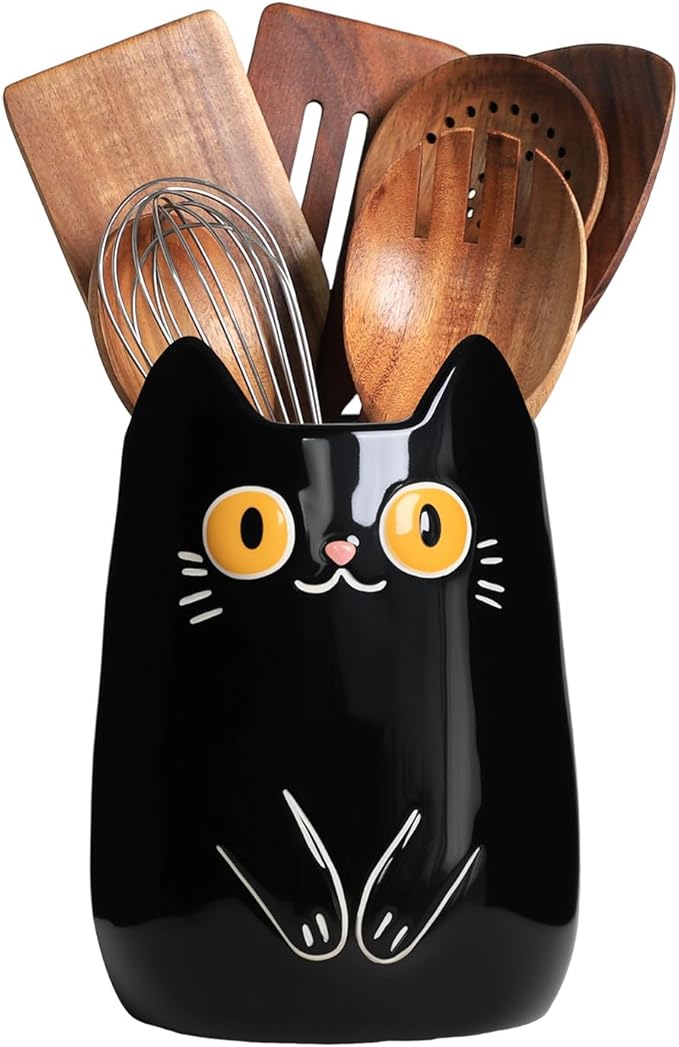 SOCOSY Black Cat Ceramic Kitchen Utensil Holder For Countertop, Cooking Utensil Crock Holder Spatula Holder