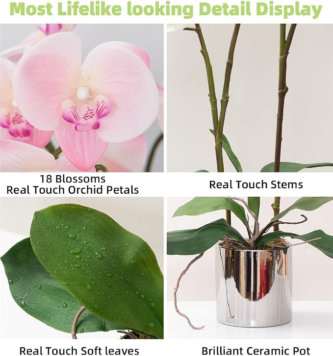 CXGS Artificial Orchid Flower Plant Real Touch Faux Orchids in Ceramic Vase Pink 19.7'' Fake Phalaenopsis Flower Arrangement Centerpiece Home Indoor Decor