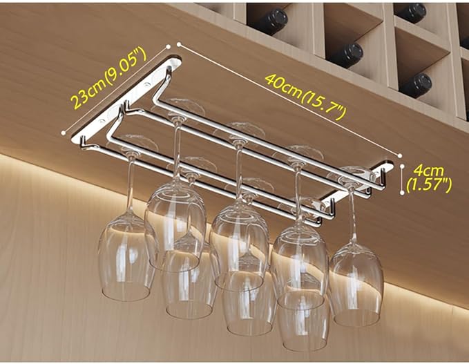 CAKERS Under Cabinet Hanging Stemware Display Rack|304 Stainless Steel Wine Glass Holder|Wine Glass Storage Organizer Hanger,2 Rows,40cm(15.7in)