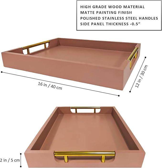 Wooden Decorative Coffee Table Tray, 16" Serving Tray with Gold Handles for Ottoman, Living Room, Perfume, Vanity Dresser Organizer (Mocha)