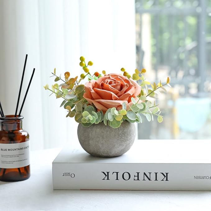 Small Artificial Orange Rose Potted Plant, 6" Fake Silk Flowers in 3.5" Round Pot, Mini Faux Floral Arrangement for Desk Shelf Bathroom Decor