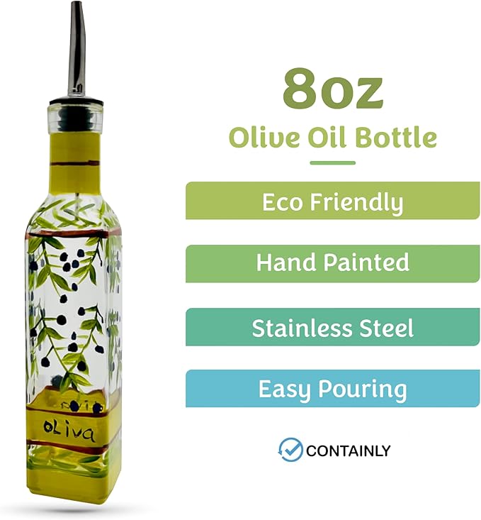 Hand Painted Glass Oliva Branch Oil/Vinegar Glass Cruet for Kitchen, 8 oz Olive Oil Dispenser With Stainless Steel Spout for Easy Pouring