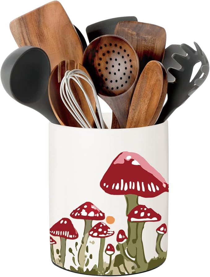 Mushroom Kitchen Decor, Ceramic Utensil Holder Bee Decor, 6.5 Inch Farmhouse Indoor Kitchen Decorative Utensil Rack For Spoon Storage and Cooking Tools