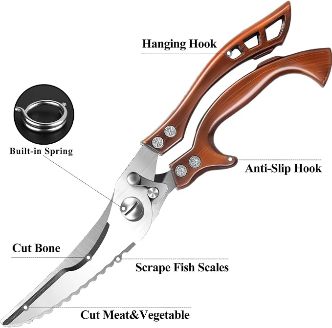 ZICOLU Poultry Shears Heavy Duty Professional, Multipurpose Kitchen Shears with Sheath, Spring-Loaded Stainless Steel Chef Scissors Cutting Bone, Chicken, Fish, Food, Meat, Full Steel Handle Brown