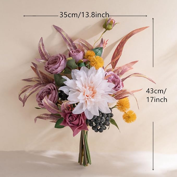 KIRIFLY Artificial Fake Flowers Silk Rose Flower Arrangements Wedding Bouquets Decorations Plastic Floral Table Centerpieces Home Kitchen Garden Party Décor (Purple White)
