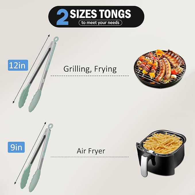 Tongs for Cooking, 600ºF High Heat-Resistant Stainless Steel Kitchen Tongs with Silicone Tips, Non Scratch, Locking Tong for BBQ Grilling Air Fryer Food Salads, Set of 2 (9" and 12") Sage Green