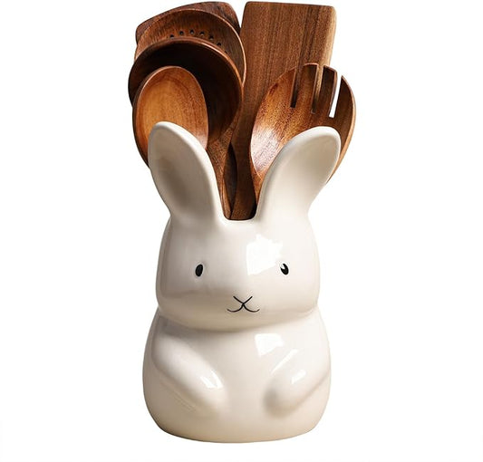 SOCOSY Ceramic Rabbit Kitchen Utensil Holder For Countertop Large Cooking Utensil Crock Holder Spatula Holder, Pure White