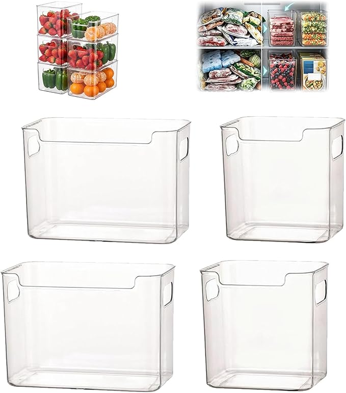 Clear Freezer Storage Bins, 4 Pack Clear Plastic Bins for Refrigerator and Pantry, Stackable Kitchen Cabinet Organizer with Handles for Kitchen, Office, Closet, Freezer organization(B-2L+2S)
