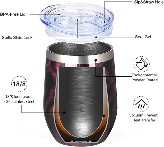 MEZMUT 12 Oz Insulated Wine Tumbler with Lid Double Wall Vacuum Stainless Steel Wine Glass Coffee Mug Insulated Tumbler Cup for Champaign, Cocktail, Beer (Purple Gold, 1 Pack)