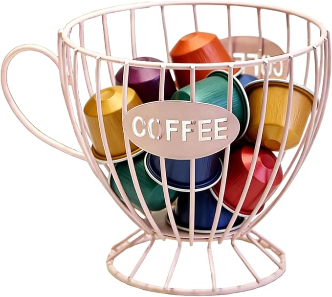 Metal Coffee Pod Holder Wire Coffee Pods Storage Basket Espresso Capsule Storage for Home Kitchen Cafe Hotel (Pink cup)