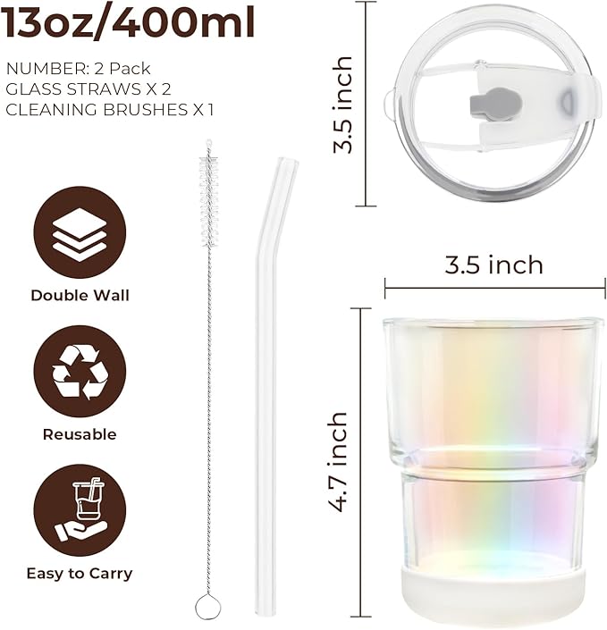 13 Oz Glass Cups with Lids and Straws, Reusable Iced Coffee Water Tumblers, Sealed Carry-On Thick Wall Drinking Cups for Cold Brew, Smoothie, Juice (2 Pack-Aurora,Black)