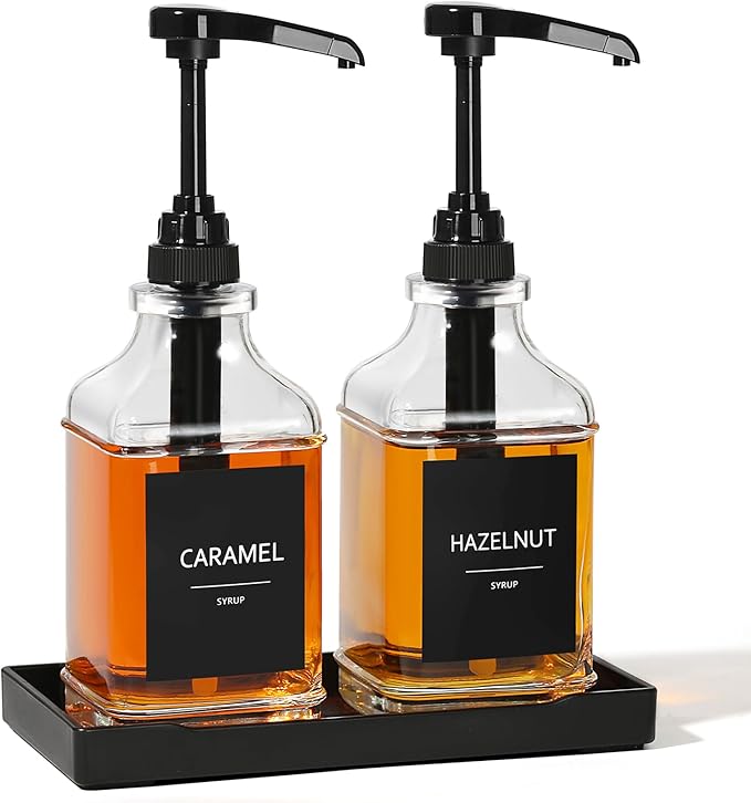 GMISUN Coffee Syrup Dispenser with Tray, 16.9 fl oz Syrup Pump Dispenser for Coffee Bar Accessories, Glass Syrup Bottle for Coffee Bar Essentials, Maple Syrup Bottles with ¼oz Large Capacity Pump