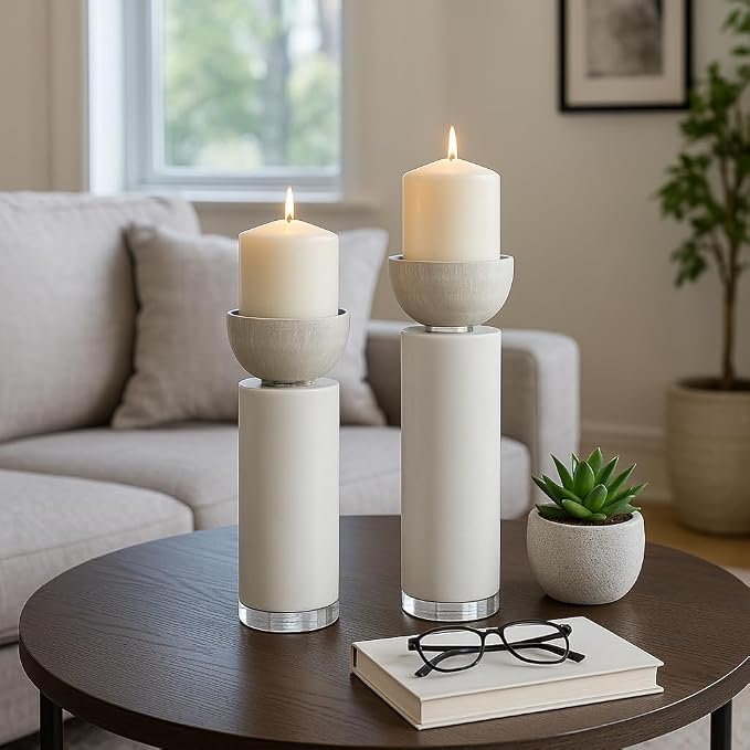 Elegant Pillar Candle Holders for Home Decor - Modern Candlestick Holders for Dining Table Centerpieces, Entryway, or Console - Decorative Candle Stand Holders for Shelf Set of 2-13", 11" White