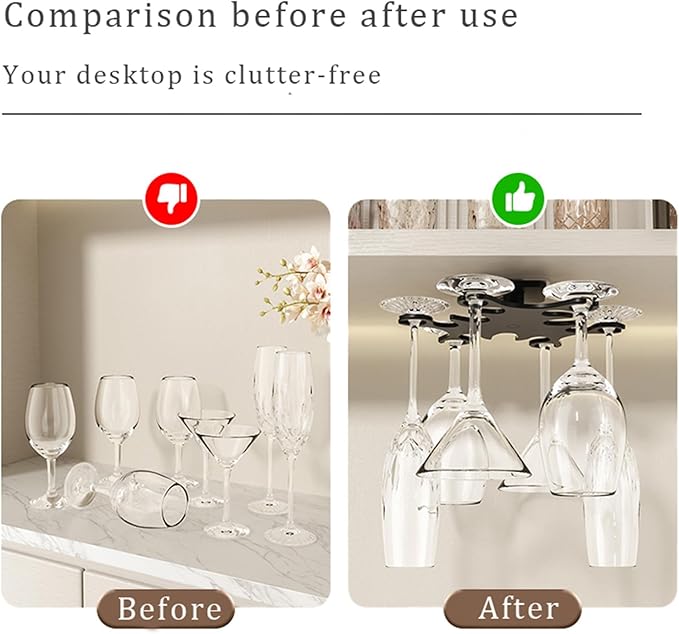 Under Cabinet Wine Glass Holder, 360° Infinitely Rotating Wine Glass Holder, No Drilling Wine Glass Rack for Kitchen, Dining and Bar.(Black)