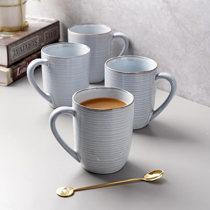 famiware Tempus Coffee Mugs Set of 4, 14 oz Coffee Cup Set, Stoneware Mugs with Handle for Coffee, Tea, Cocoa, Milk, Cappuccino, Microwave Safe - Pearl Blue