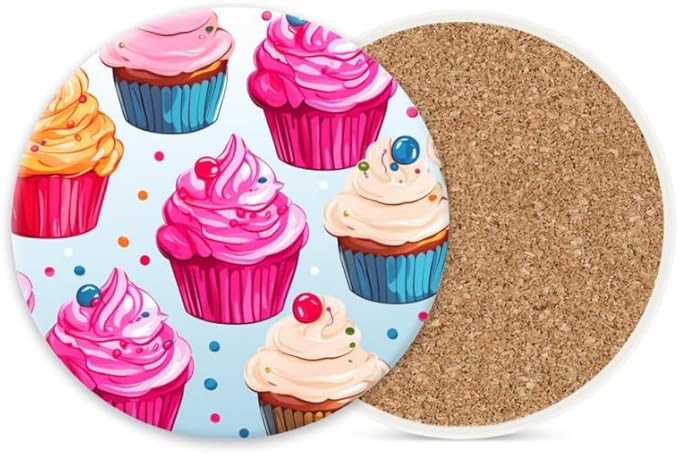 Ceramic Stone Coasters for Drinks Set of 1, Cupcakes Cute Round Absorbent Cup Coasters Protection for Coffee Table Kitchen Counter Decor (4 * 4 Inch)