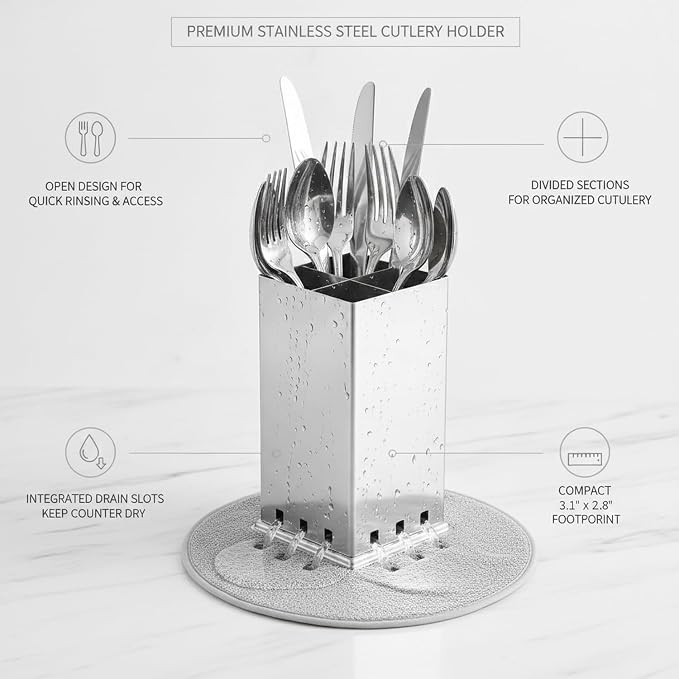 1 PC Stainless Steel Utensil Crock, Square Cutlery Holder with Drain Slots for Countertop Drying and Kitchen Organization