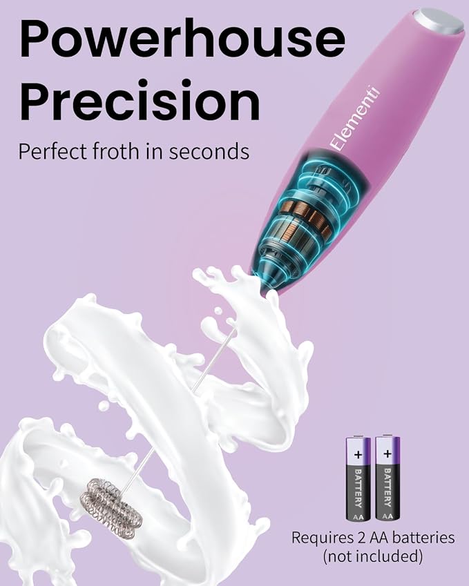 Elementi Milk Frother Wand - Easy to Use Handheld Electric Stirrer for Powder Drinks, Durable & Powerful Coffee Whisk & Protein Powder Mixer Wand, Hand Frother, Coffee Stirrers Electric (Pastel Pink)