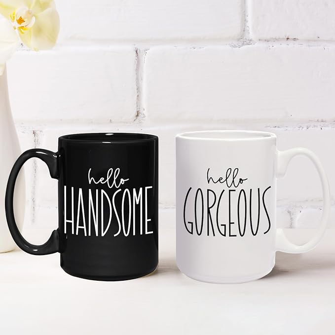 Hello Handsome Hello Gorgeous Mugs / 2 Jumbo 15 Ounce Black And White Matching Husband Wife Ceramic Mugs / Newlywed Couples Wedding Coffee Cup Present Set / Relationship Anniversary Cup Pair
