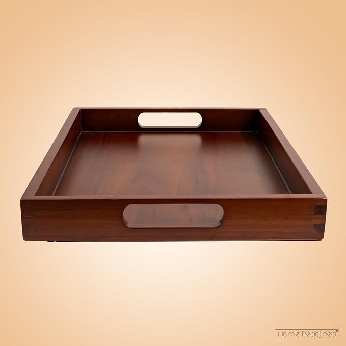 Acacia Wood Serving Tray with Handles, 17.5x12 – Decorative Serving Trays Platter for Breakfast in Bed, Lunch, Dinner, Appetizers, Patio, Ottoman, Coffee Table, BBQ, Party –Great for Lap & Couch