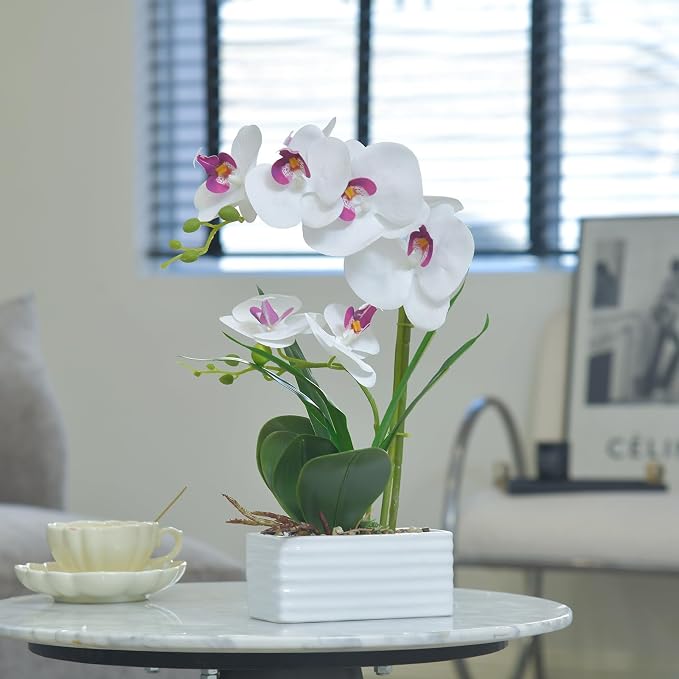 Artificial Real Touch Orchid Flowers in Pot Fake Phalaenopsis Flower with White Ceramic Vase Faux Orchids Arrangement for Home Table Office Wedding Party Decoration (White)