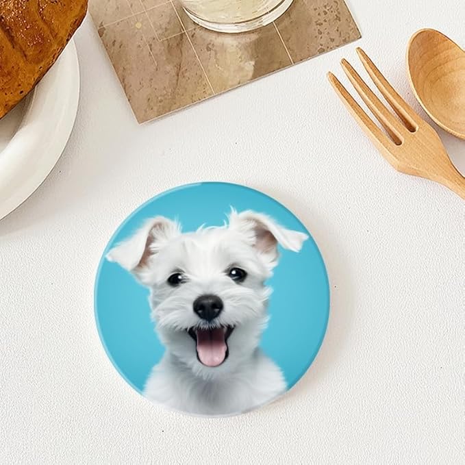 Ceramic Drink Coasters Absorbent Set of 1, White Puppy on Blue Background Round Anti Slip Modern Cup Coasters for Desk Kitchen Office Housewarming Hostess Gifts (4 * 4 Inch)
