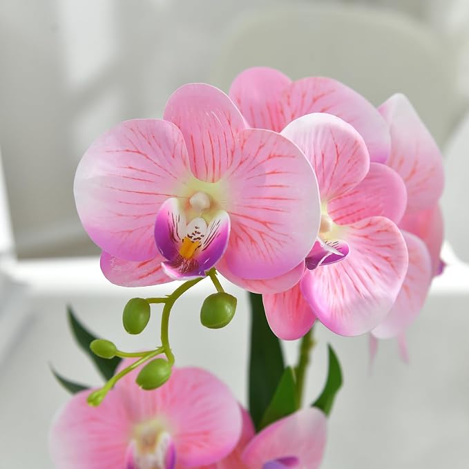 Artificial Real Touch Orchid Flowers in Pot Fake Phalaenopsis Flower with White Ceramic Vase Faux Orchids Arrangement for Home Table Office Wedding Party Decoration (Pink)