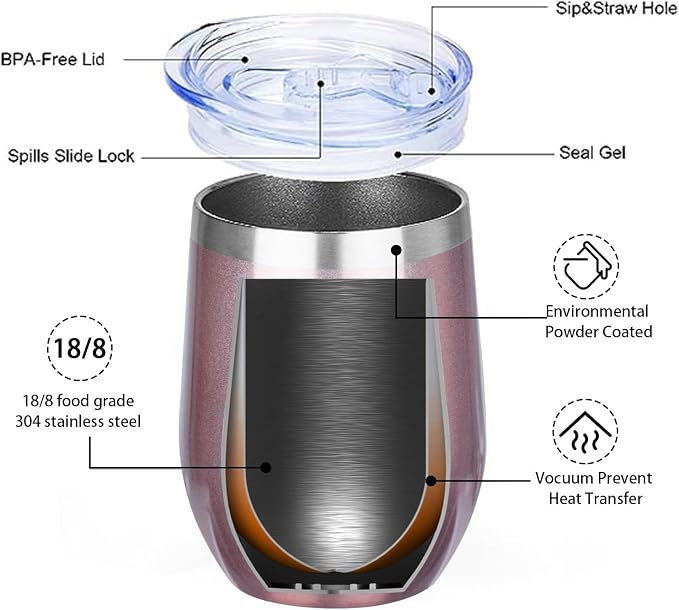 MEZMUT 12 Oz Insulated Wine Tumbler with Lid Double Wall Vacuum Stainless Steel Wine Glass Coffee Mug Insulated Tumbler Cup for Champaign, Cocktail, Beer (Rose Gold, 4 Pack)