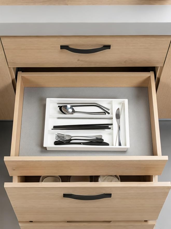 Silverware Drawer Organizer Tray, Adjustable Small Utensil Holder for Spoon and Fork, Expandable Flatware Cutlery Tray for Kitchen Drawers (Cream)