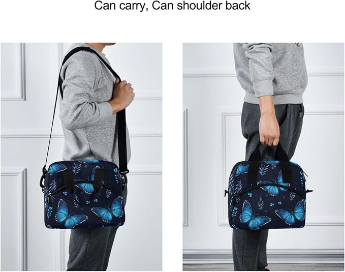 Flying Butterflies Blue Insulated Lunch Bag Reusable Lunch Tote Bag Lunch Box for Women Men Adult Cooler Bag with Adjustable Shoulder Strap Leakproof for Work School Picnic