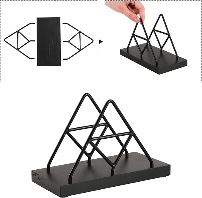 Napkin Holder, Metal Wire Triangle Shape & Wooden Paper Towel Holder, Napkin Holder for Table, Modern Napkin Dispenser for Kitchen, Table Decor, Cocktail Bar (Black)