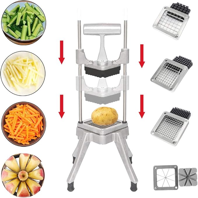 ROVSUN Commercial Vegetable Chopper French Fry Cutter with 4 Sizes Blades, Potato Dicer Slicer Fruit Chopper Stainless Steel for Restaurant, Home & Kitchen, 1/2", 3/8", 1/4" & 8-Wedge Blades