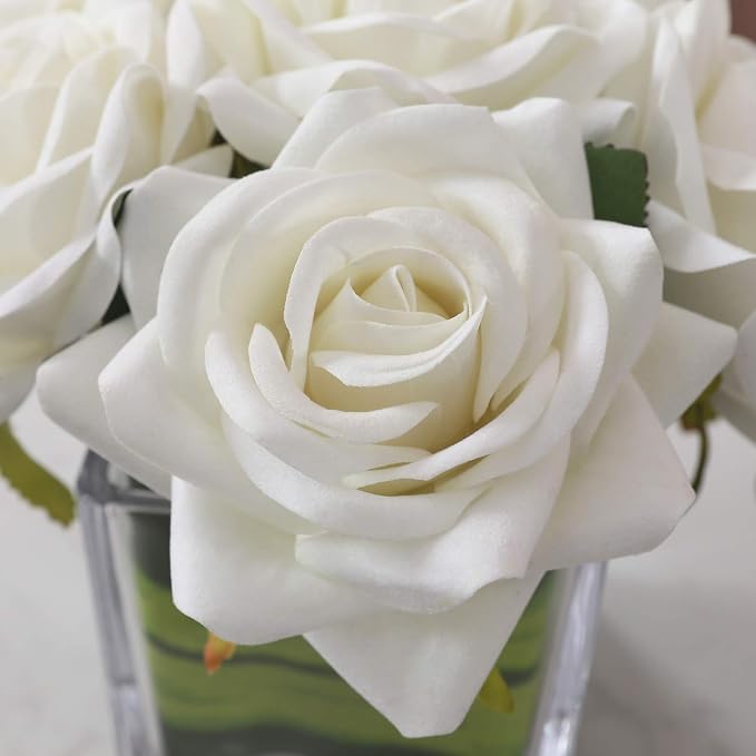 Fule Artificial Velvet Rose Flower Centerpiece Arrangement in vase for Home Wedding Decoration (Ivory)