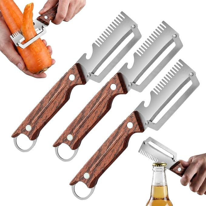 Premium Multi-Functional Vegetable Peeler for Kitchen, Heavy Duty Stainless Steel Potato Peeler with Ergonomic Wooden Handle & Bottle Opener & Storage Hanging Hole for Fruit and Vegetables (A-3Pcs)