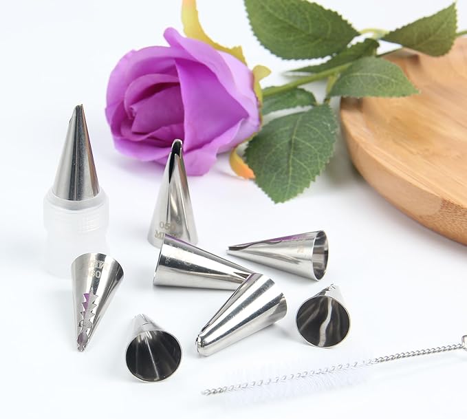 Baipeisy 11Pcs Stainless Steel Pleated Skirt Piping Tips Set - Reusable Baking Tools Kit Includes 8 Decorating Nozzles, 1 Cleaning Brush, 1 Converter, 1 silicone piping bag for Frosting Cakes