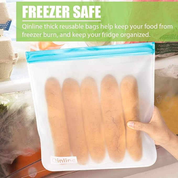 Qinline Reusable Food Storage Bags - 10 Pack Freezer Bags, Reusable Bags Silicone, Extra Thick Leakproof Reusable Lunch Bag for Salad Fruit Snack Travel - 2 Gallon 4 Sandwich 4 Snack Bags