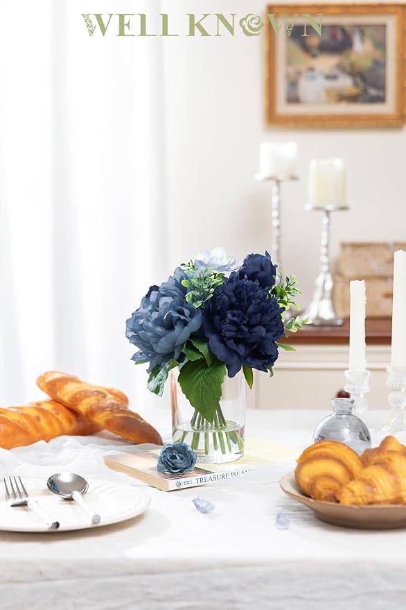 WELL KNOWN Artificial Flowers in Glass Vase with Fake Water, Silk Peony Flower Bouquet for Home Dinning Tea Table, Office Desktop, Hotel, Wedding, Party, Lavatory Decor & Gift (Navy Blue & Light Blue)